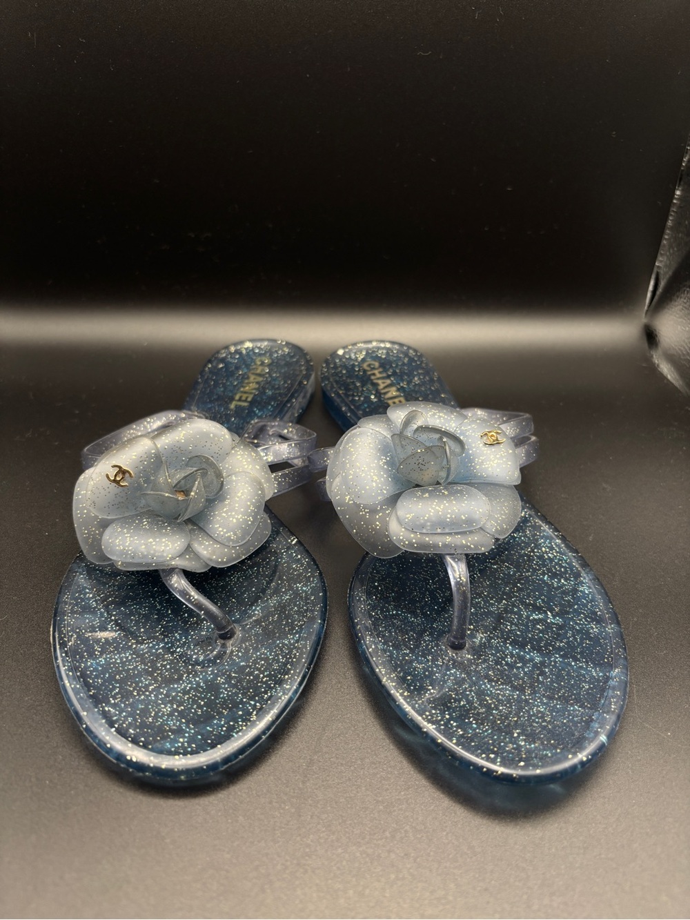 CHANEL Blue Glitter Camellia Jelly Thong Sandals